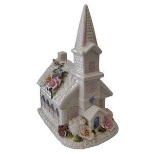 Church Music Box w/lid 10.75" Amazing Grace Ceramic Vtg Flowers off-white pink